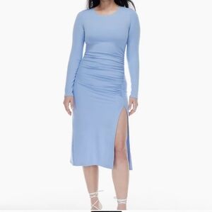 Aritzia Wilfred Amelia Dress in Soft Iris Sz M Ruched Ribbed Fitted Long Sleeve